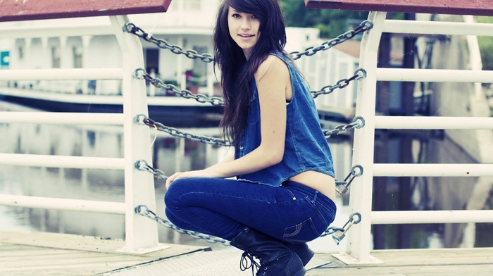 girl, building, jeans, brunette