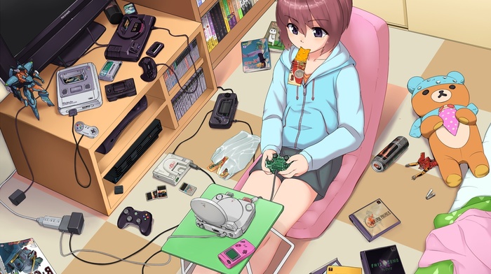 anime, nintendo entertainment system, purple eyes, Xbox 360, room, PlayStation 2, original characters, brunette, playstation