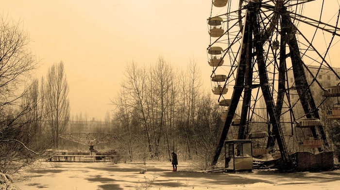 Chernobyl, nature, abandoned, ferris wheel, winter, trees, urban exploration, anime, Pripyat, Ghost town, snow