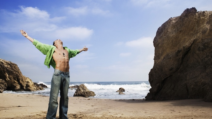 shirt, mans, sea, man, nature, jeans