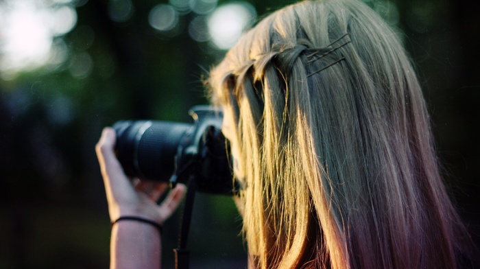 bokeh, camera, blonde, girl outdoors