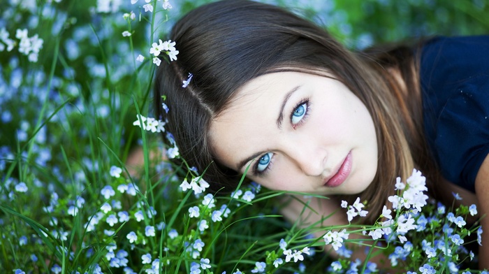 flowers, girl, blue eyes, blue flowers, nature