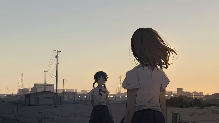 anime girls, school uniform, short hair, original characters, anime