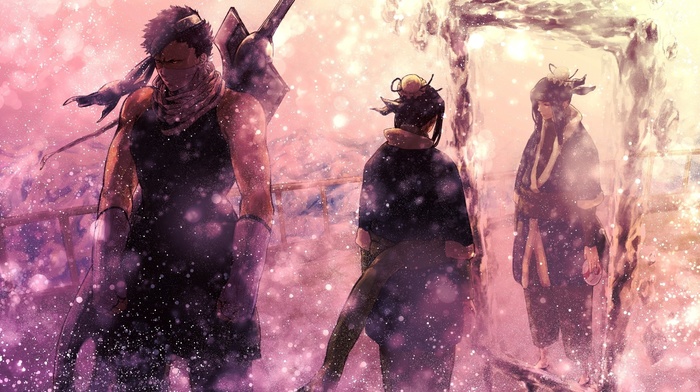 Naruto Shippuuden, mirror, sword, heroes, snow, anime, winter, gun