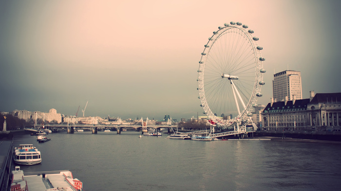 UK, London, sky, houses, city, river, cities, Ferris wheel