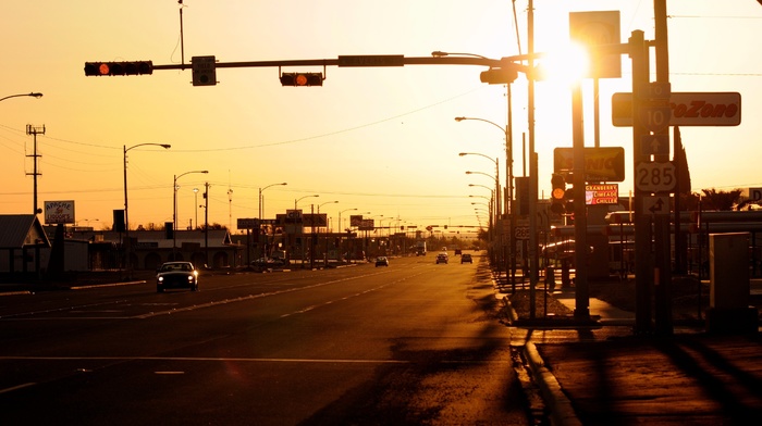 town, evening, America, sunset, cities, road
