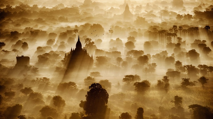 sun rays, temple, Bagan, artwork