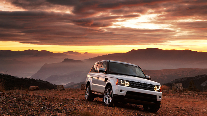 white, auto, cars, mountain, sunset