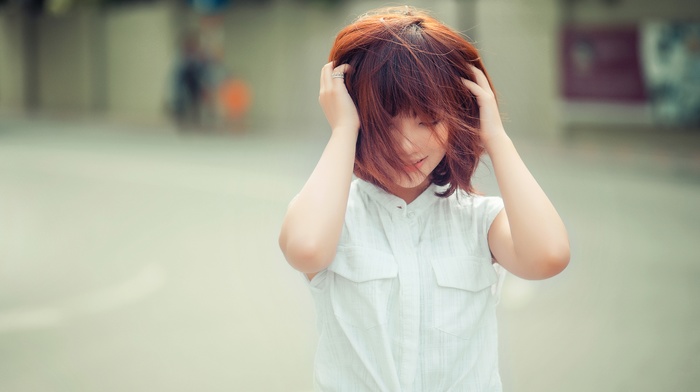 hands on head, girl, Asian, white tops