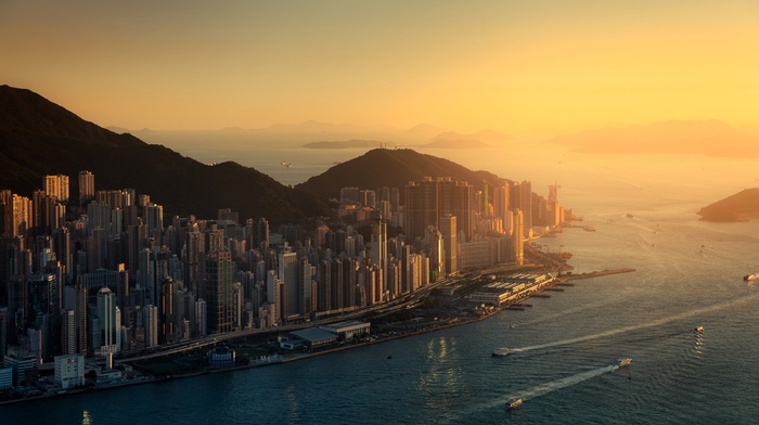 city, skyscraper, Hong Kong, sunset, cityscape