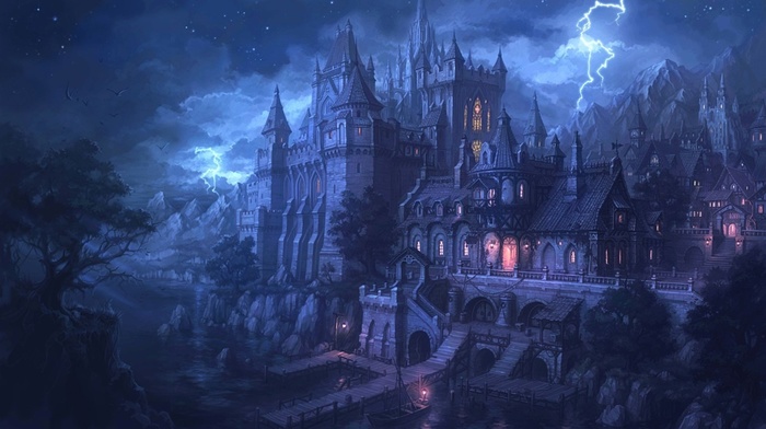 night, castle, water, lights, fantasy, lightning