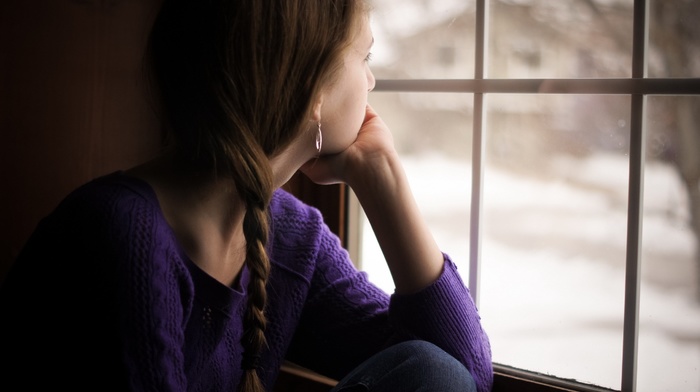 girl, sweater, looking away, brunette