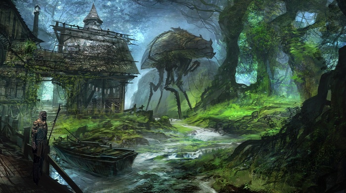 feng zhu, video games, artwork, boat, trees, forest, roots, The Elder Scrolls III Morrowind, drawing, fantasy art, concept art, river