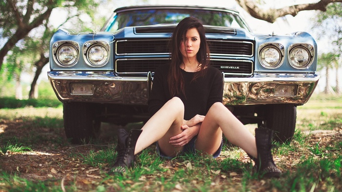 sitting, jean shorts, girl with cars, Chevrolet Chevelle, girl