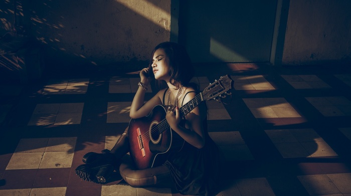 girl, guitar, brunette