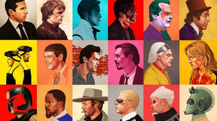 Breaking Bad, django unchained, Zoolander, movies, The Evil Dead, Game of Thrones, Star Wars, Judge Dredd, Dumb and Dumber, Kill Bill, girl, Hot Fuzz, Willy Wonka, Clint Eastwood, Joker, Drive, back to the future, Terminator, Reservoir Dogs