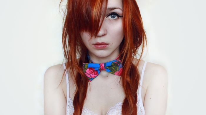 girl, bra, white lingerie, redhead, tie