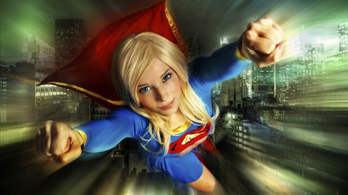 blonde, girl, Supergirl, building, blue eyes, Enji night, flying, superhero