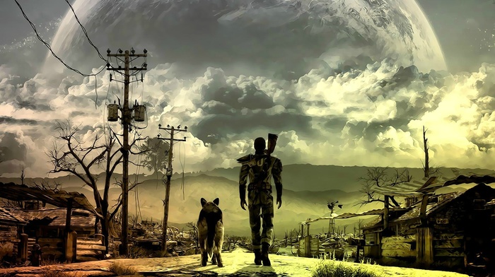 apocalyptic, street, Fallout, video games, fallout 3, dog, artwork, moonlight, fan art, colorful, digital art