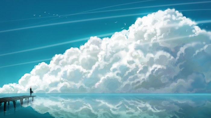 sea, girlie, clouds, anime