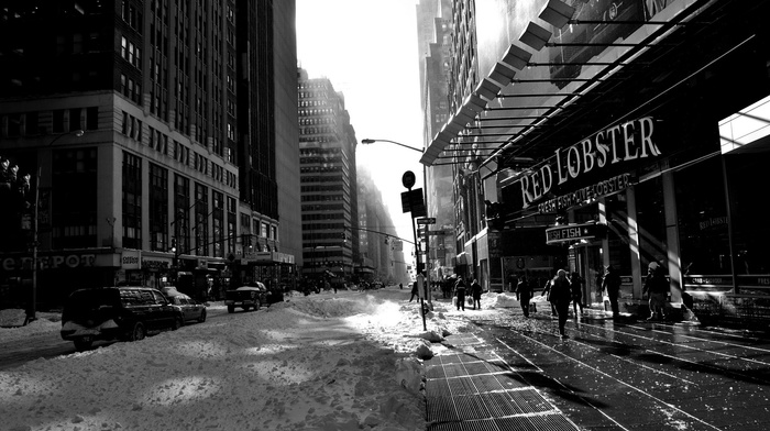 monochrome, cityscape, city, snow, building, street