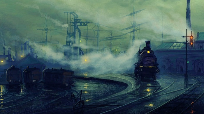 train, artwork, painting, steam locomotive, dock, Lionel Walden