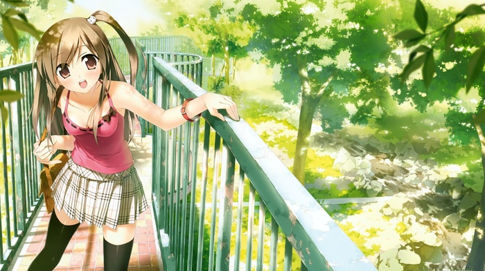 bridge, schoolgirls, anime girls, smiling, garden