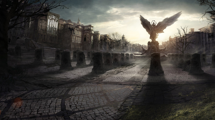 angel, wings, statue, fantasy, city, houses