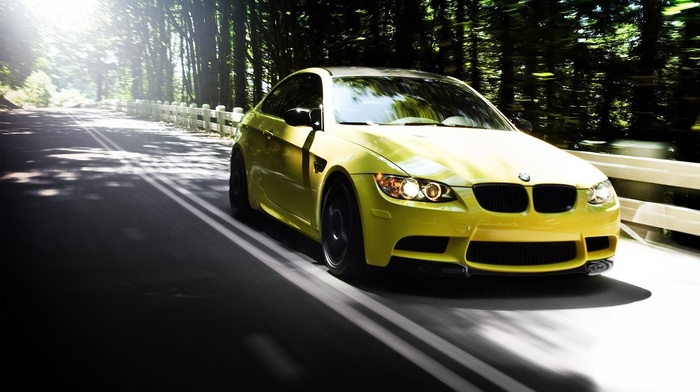 summer, forest, BMW M3, cars, road