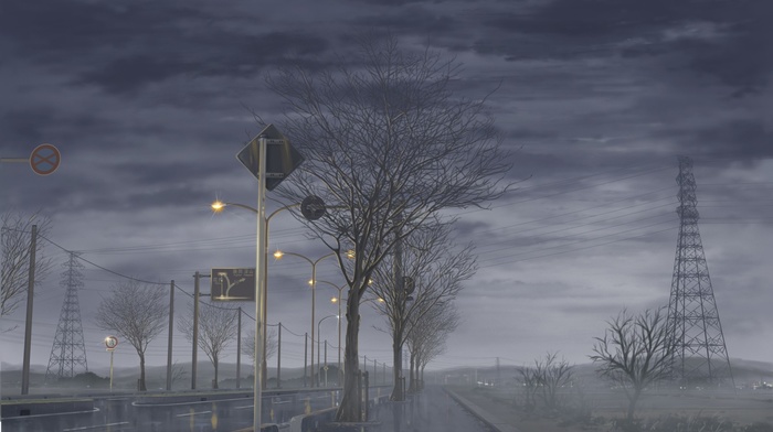 street light, anime, signs, utility pole, road, trees, power lines