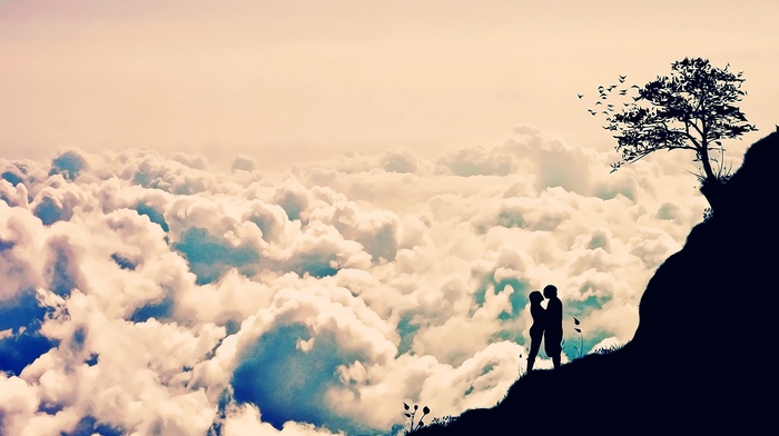 cliff, clouds, silhouette, love