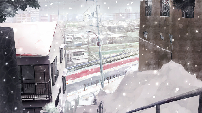 houses, anime, snow, road, winter, stairs, Japan, city