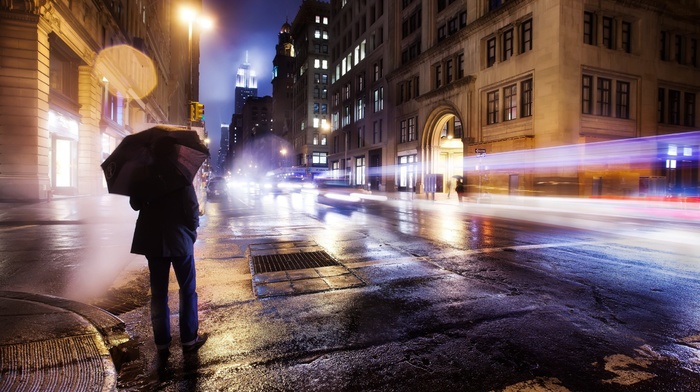 rain, lights, road, car, city, long exposure, umbrella