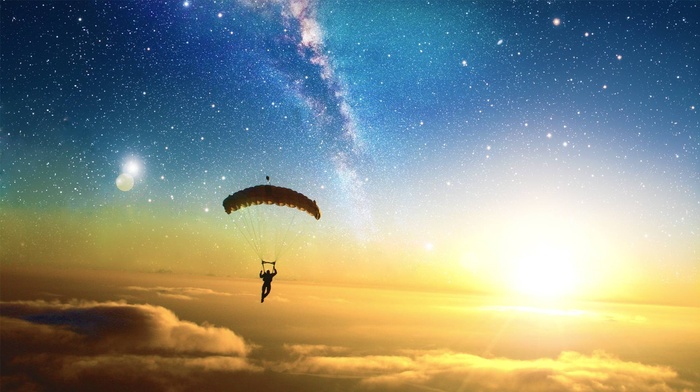parachutes, skydiving, Liquicity, Sun, clouds, digital art, stars