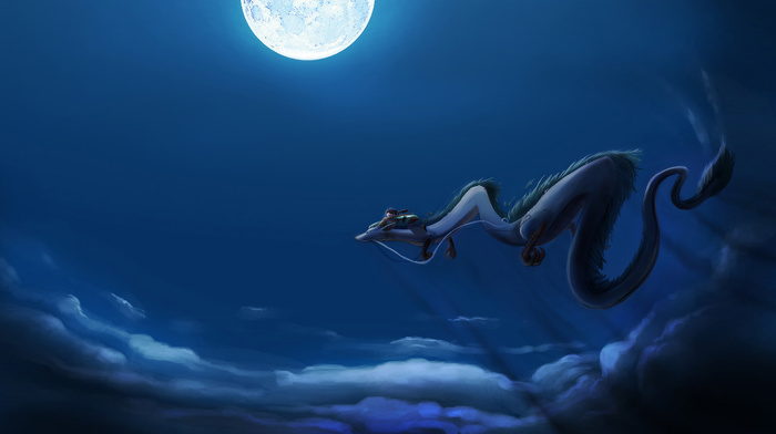 dragon, anime, moon, fly