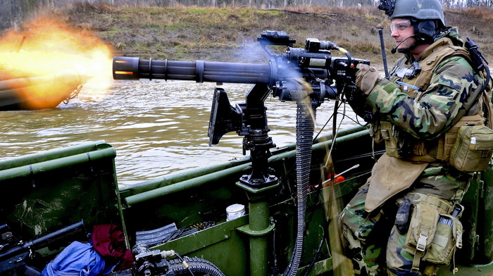 soldier, fire, boat, water, gun