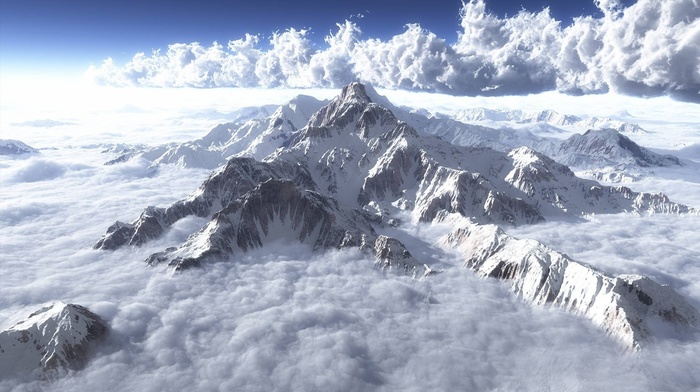 snow, mountain, clouds