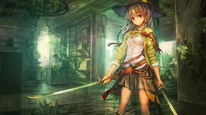 katana, anime girls, sword, anime