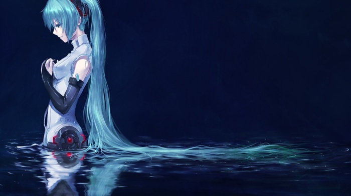 water, green hair, Vocaloid, anime