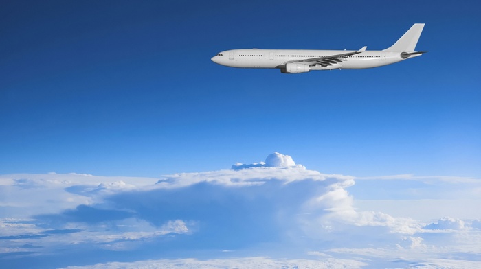 clouds, airplane, sky, morning, aircraft