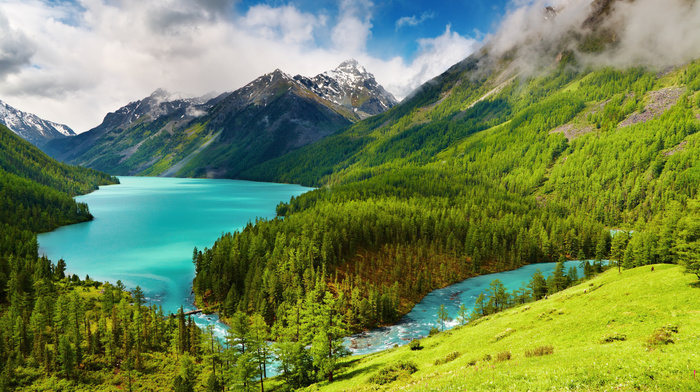 trees, mountain, hills, view, nature, water, river, lake