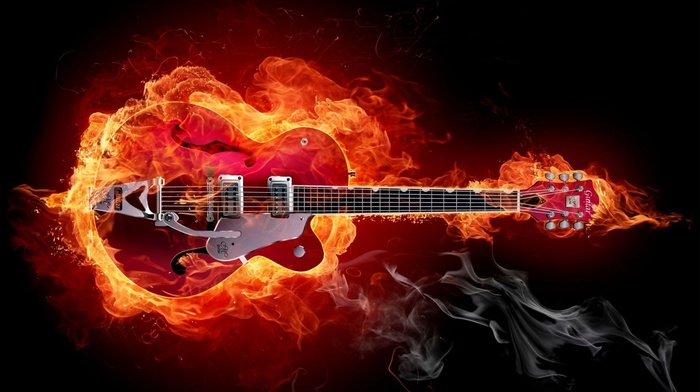 fantasy art, 3D, guitar, fire, artwork