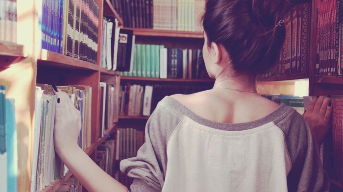 back, hair bun, black nails, girl, brunette, books