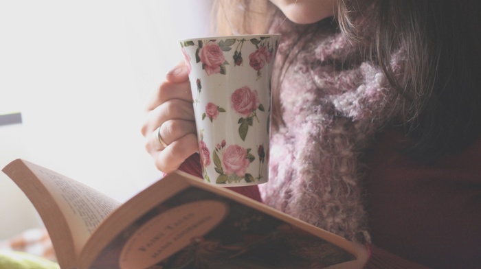 cup, girl, brunette, floral, books