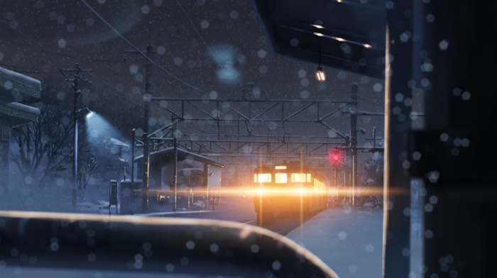 snow, bokeh, lights, winter, night, 5 Centimeters Per Second, train, anime