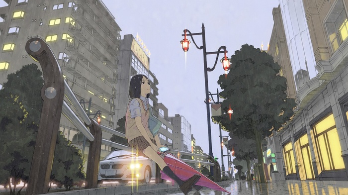 city, schoolgirls, rain, umbrella, anime, waiting, alone, anime girls