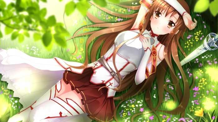 sword art online, grass, anime girls, anime, Yuuki Asuna, lying down, field