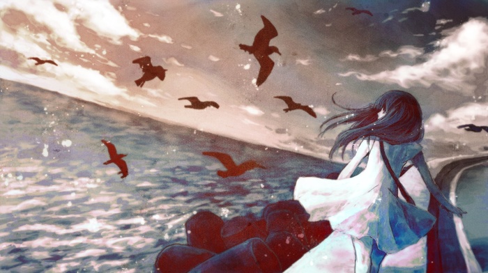 anime girls, seagulls, anime, sea, alone