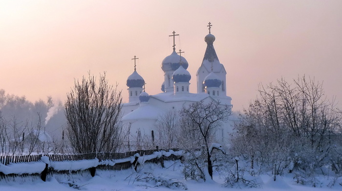 snow, winter, church