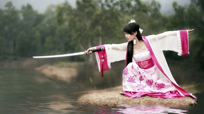 kimono, Asian, girl, sword, pink, katana, lotus flowers